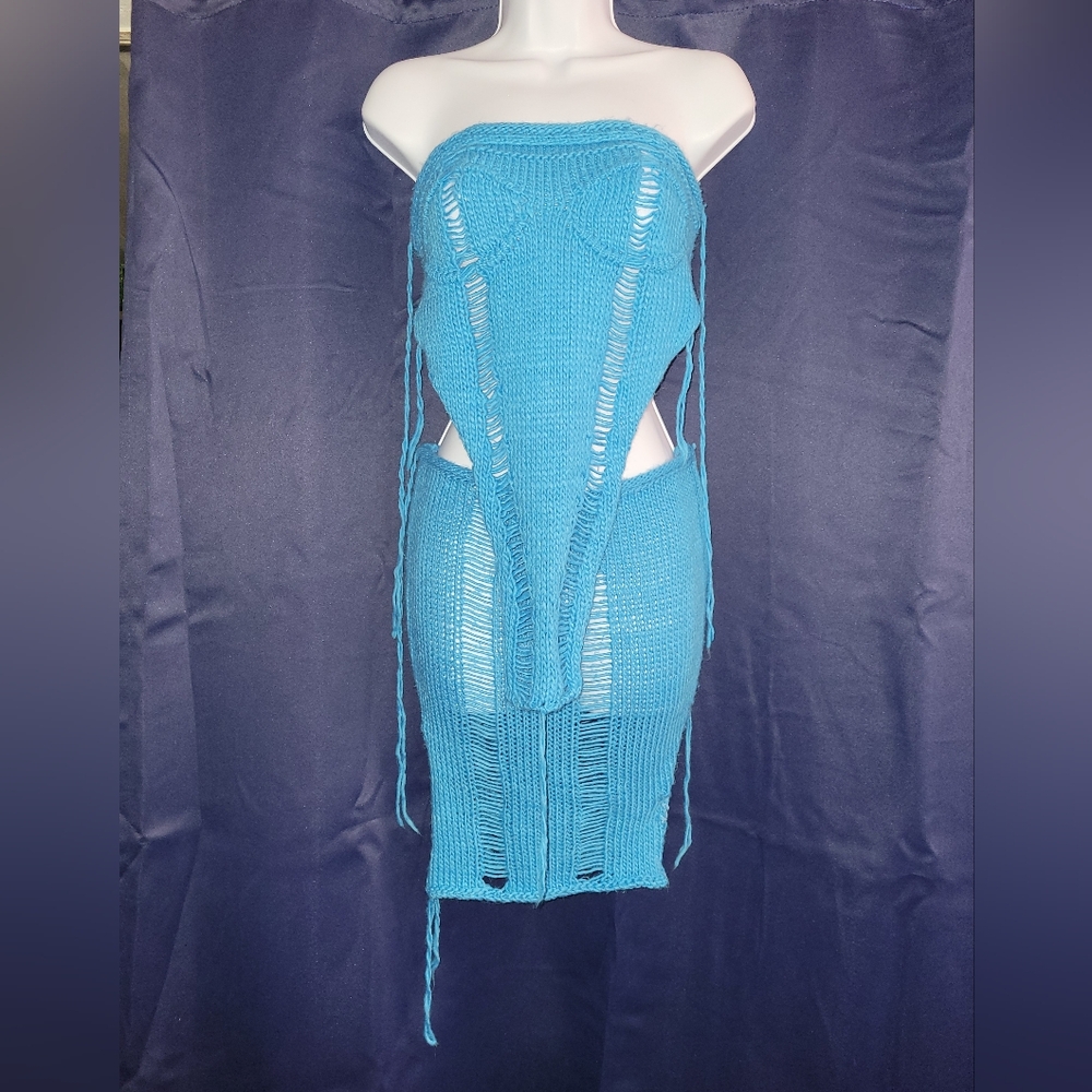 Kansoon Medium Blue Knit Asymmetrical Two Piece Crop Tube Top & Skirt